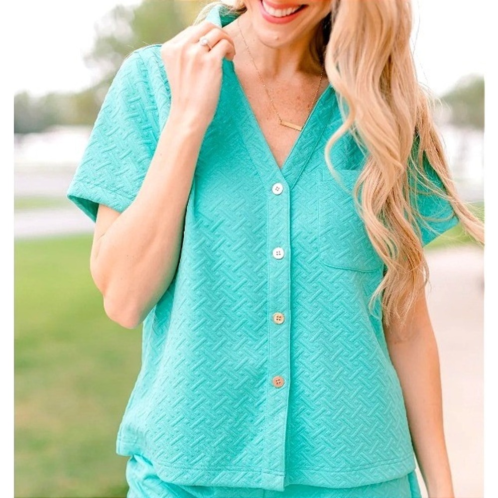 NWT Mary Square Maren Teal Loungewear Resort Textured Oversize Relaxed Blouse XL